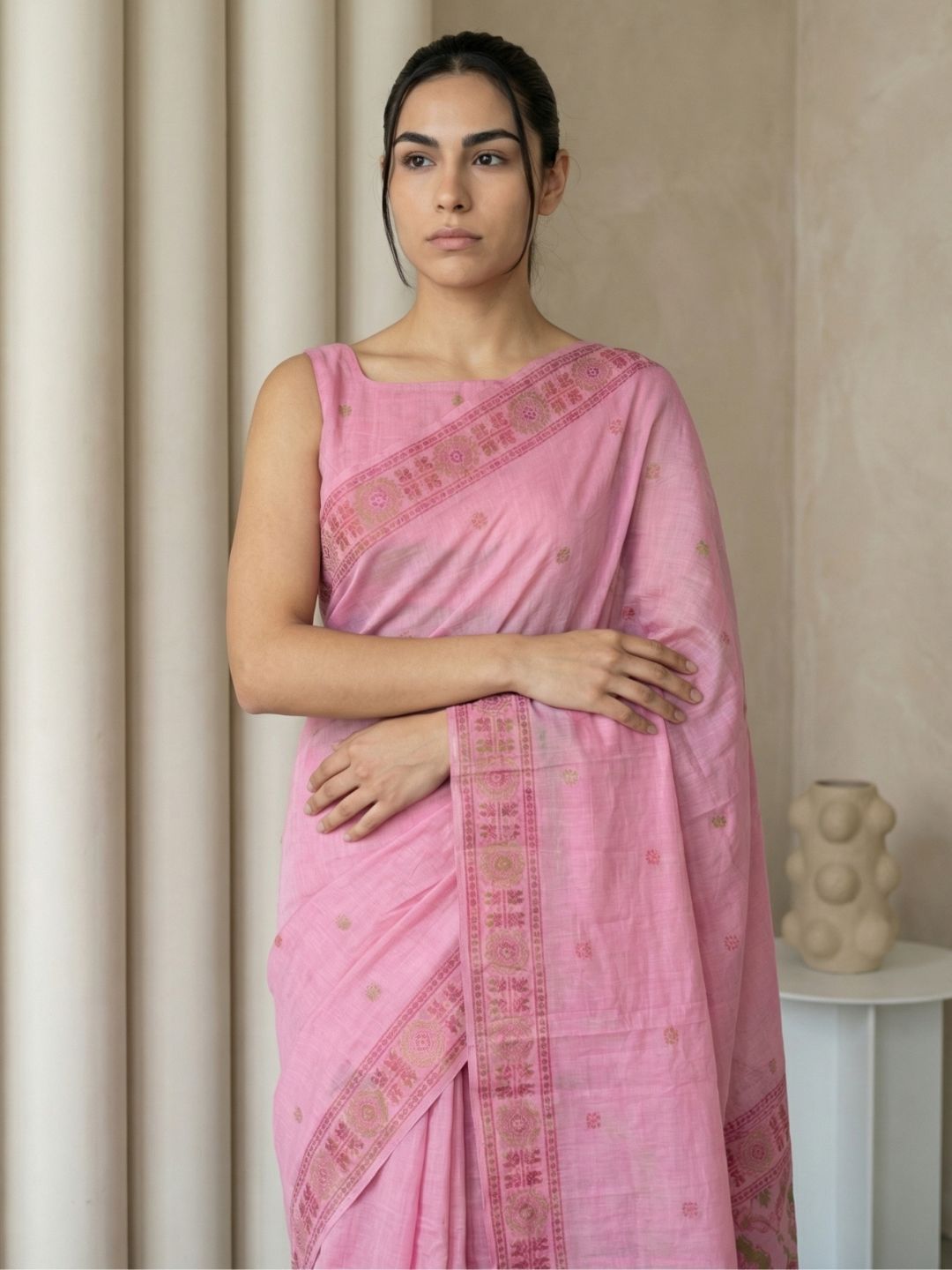 Pink Muga Cotton Saree with Resham Weaving  Meenakari Buttis, Pencil Art Pallu – Soft Summer Saree with Blouse Piece