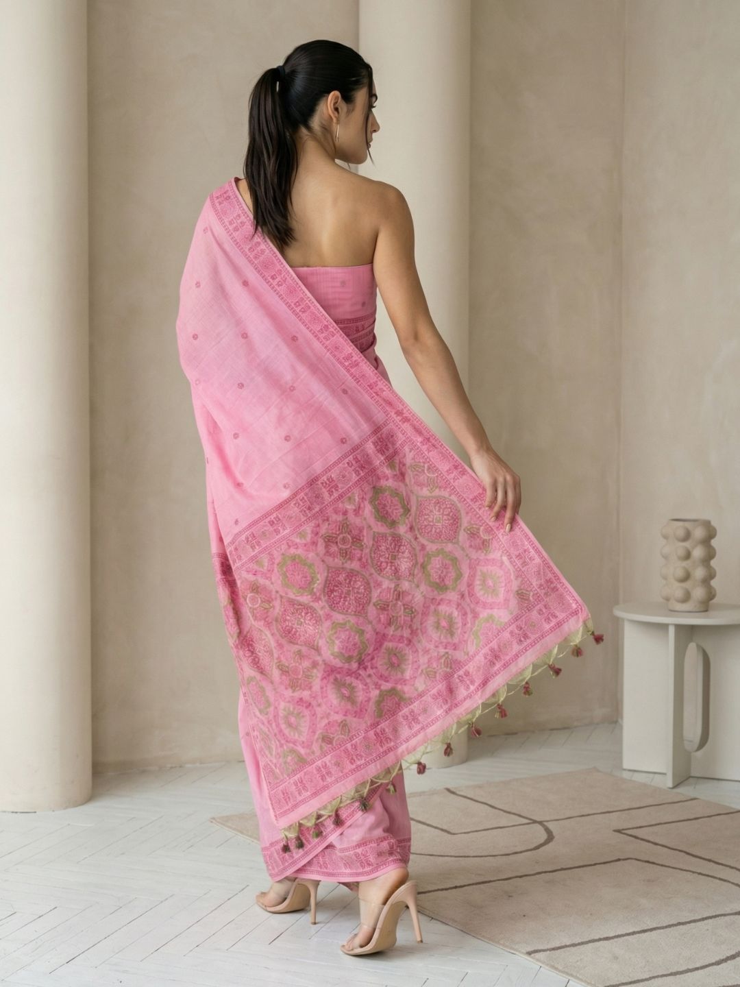 Pink Muga Cotton Saree with Resham Weaving  Meenakari Buttis, Pencil Art Pallu – Soft Summer Saree with Blouse Piece