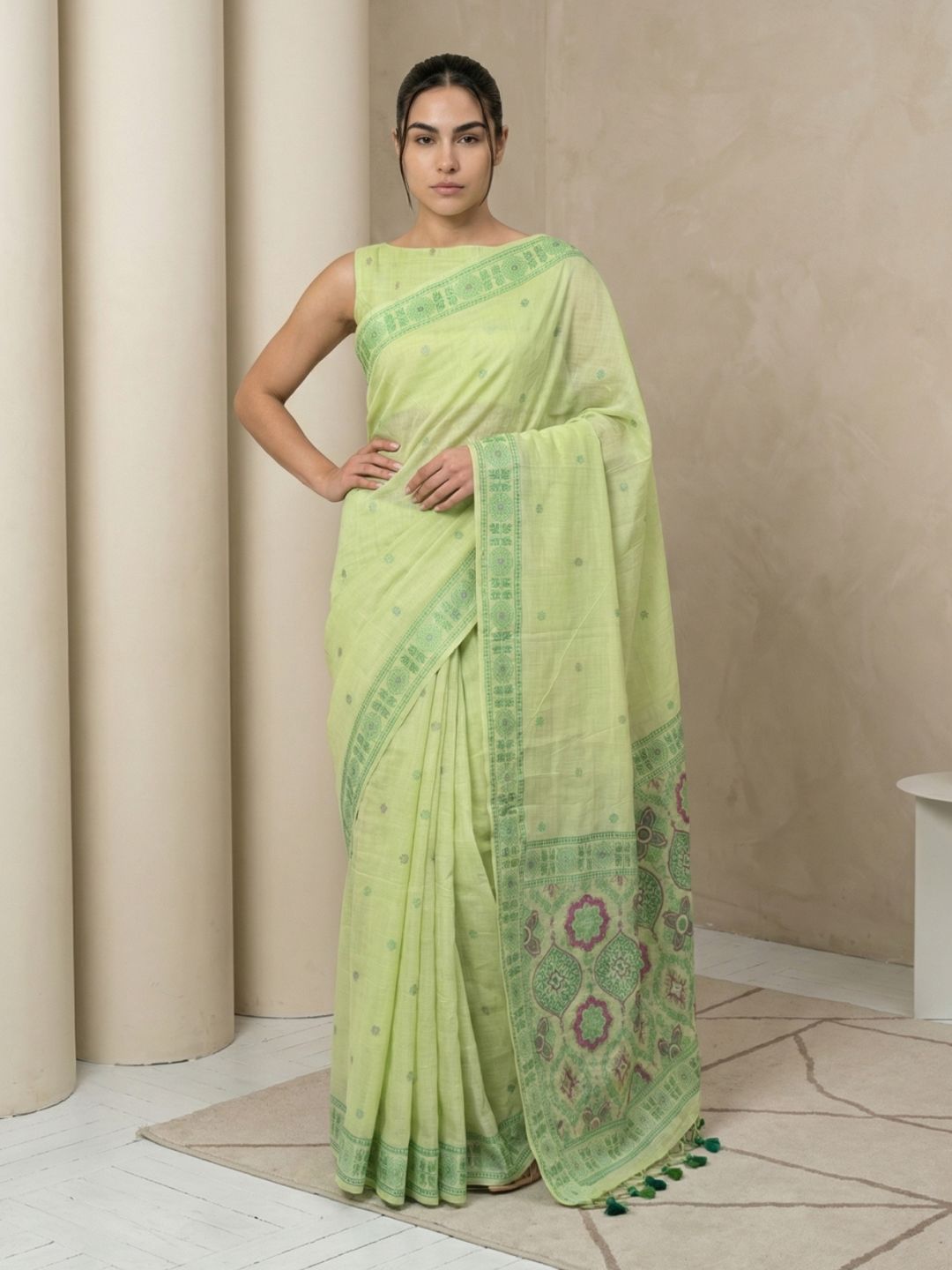 Pista Muga Cotton Saree with Resham Weaving  Meenakari Buttis, Pencil Art Pallu – Soft Summer Saree with Blouse Piece