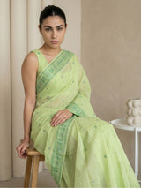 Pista Muga Cotton Saree with Resham Weaving  Meenakari Buttis, Pencil Art Pallu – Soft Summer Saree with Blouse Piece