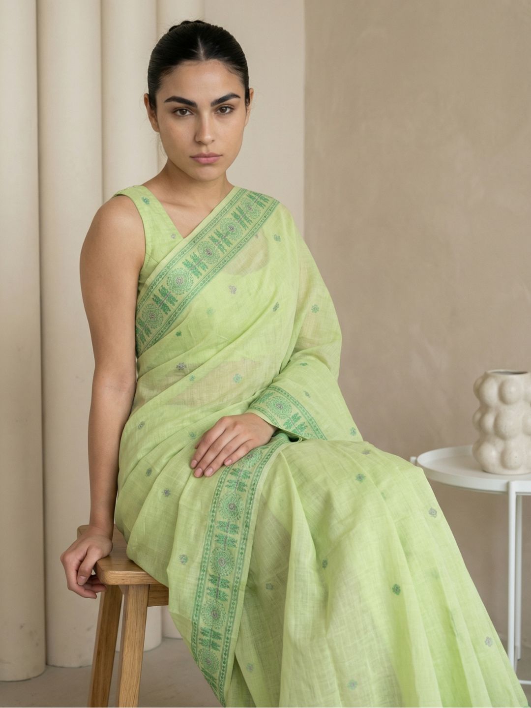 Pista Muga Cotton Saree with Resham Weaving  Meenakari Buttis, Pencil Art Pallu – Soft Summer Saree with Blouse Piece