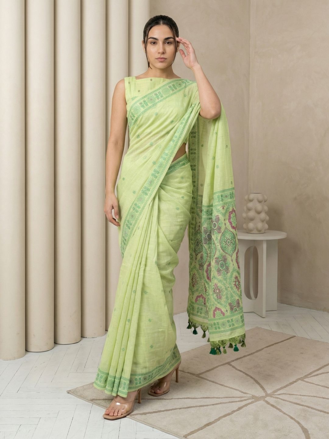 Pista Muga Cotton Saree with Resham Weaving  Meenakari Buttis, Pencil Art Pallu – Soft Summer Saree with Blouse Piece