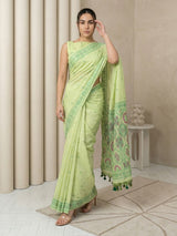 Pista Muga Cotton Saree with Resham Weaving  Meenakari Buttis, Pencil Art Pallu – Soft Summer Saree with Blouse Piece