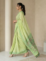 Pista Muga Cotton Saree with Resham Weaving  Meenakari Buttis, Pencil Art Pallu – Soft Summer Saree with Blouse Piece