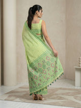 Pista Muga Cotton Saree with Resham Weaving  Meenakari Buttis, Pencil Art Pallu – Soft Summer Saree with Blouse Piece