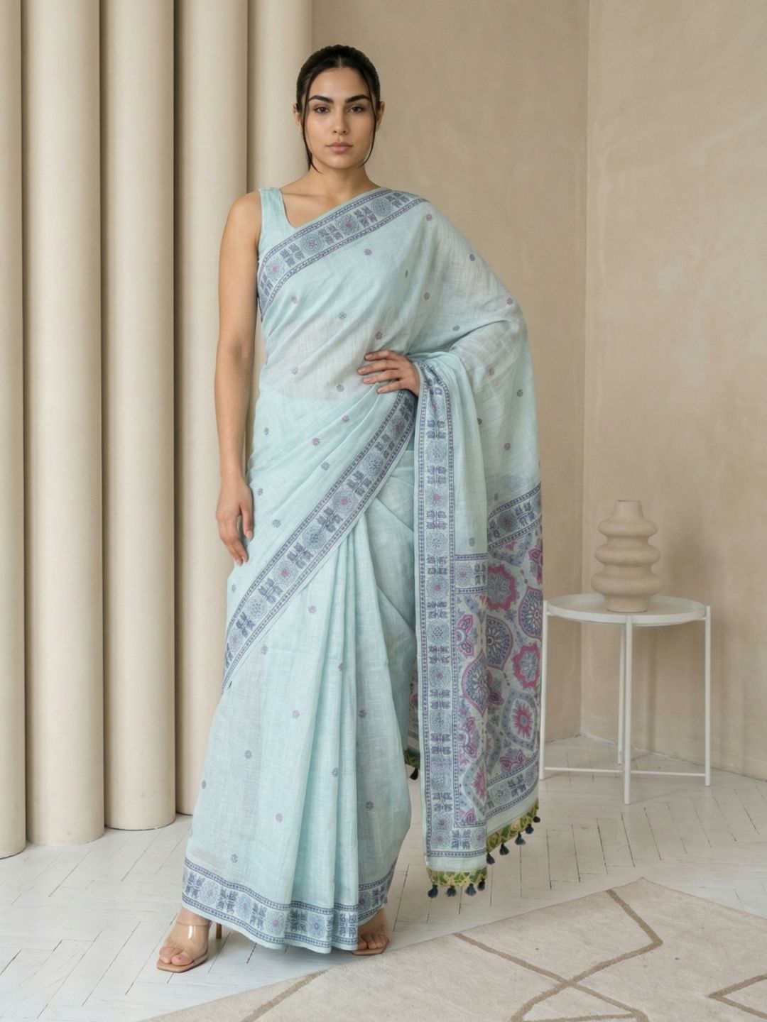 Sky Muga Cotton Saree with Resham Weaving  Meenakari Buttis, Pencil Art Pallu – Soft Summer Saree with Blouse Piece
