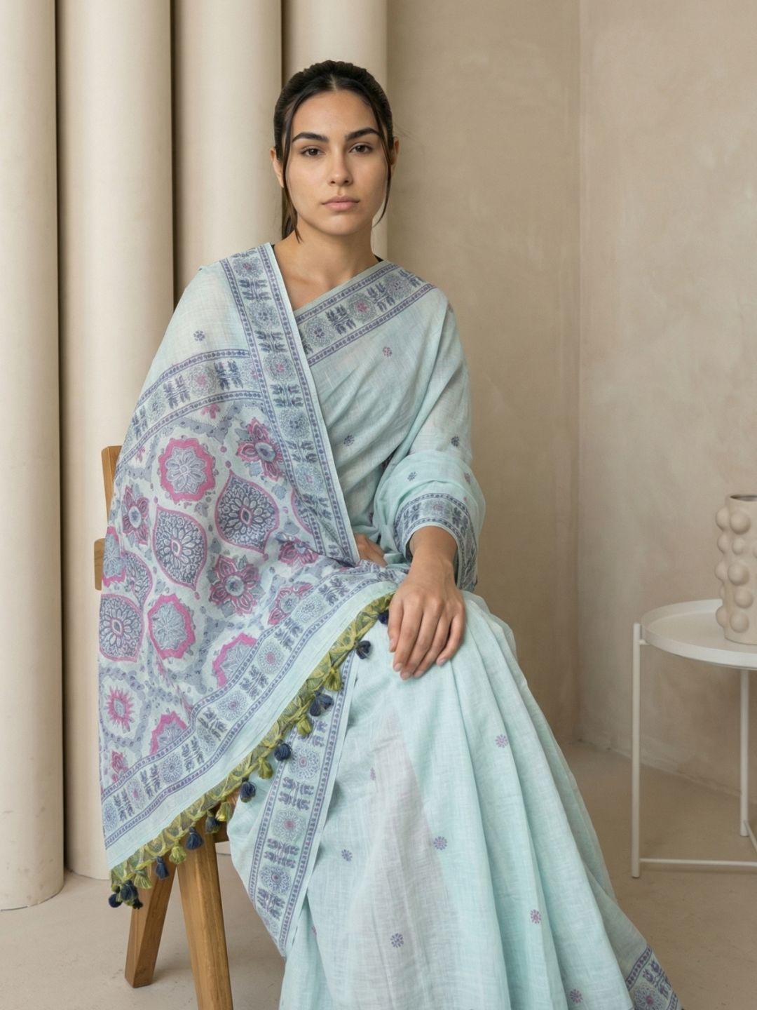 Sky Muga Cotton Saree with Resham Weaving  Meenakari Buttis, Pencil Art Pallu – Soft Summer Saree with Blouse Piece