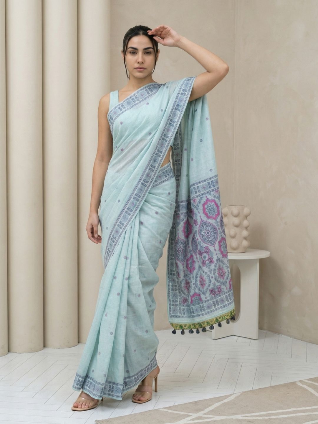 Sky Muga Cotton Saree with Resham Weaving  Meenakari Buttis, Pencil Art Pallu – Soft Summer Saree with Blouse Piece