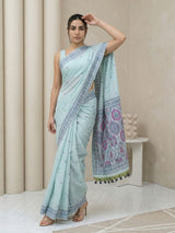 Sky Muga Cotton Saree with Resham Weaving  Meenakari Buttis, Pencil Art Pallu – Soft Summer Saree with Blouse Piece