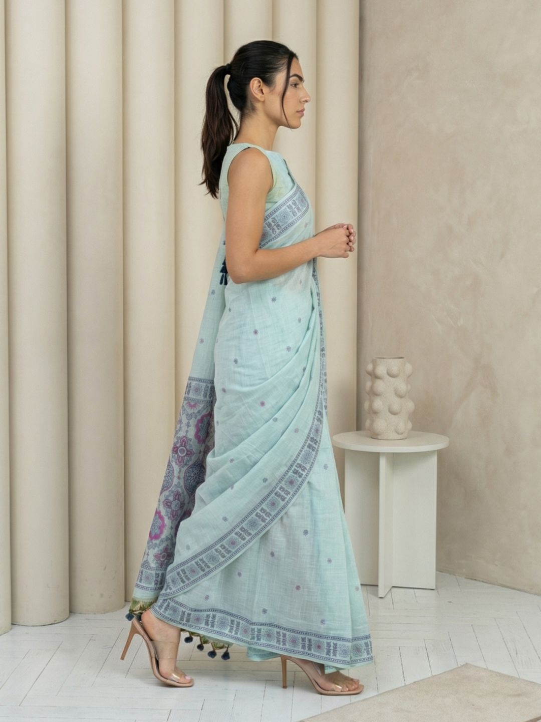 Sky Muga Cotton Saree with Resham Weaving  Meenakari Buttis, Pencil Art Pallu – Soft Summer Saree with Blouse Piece