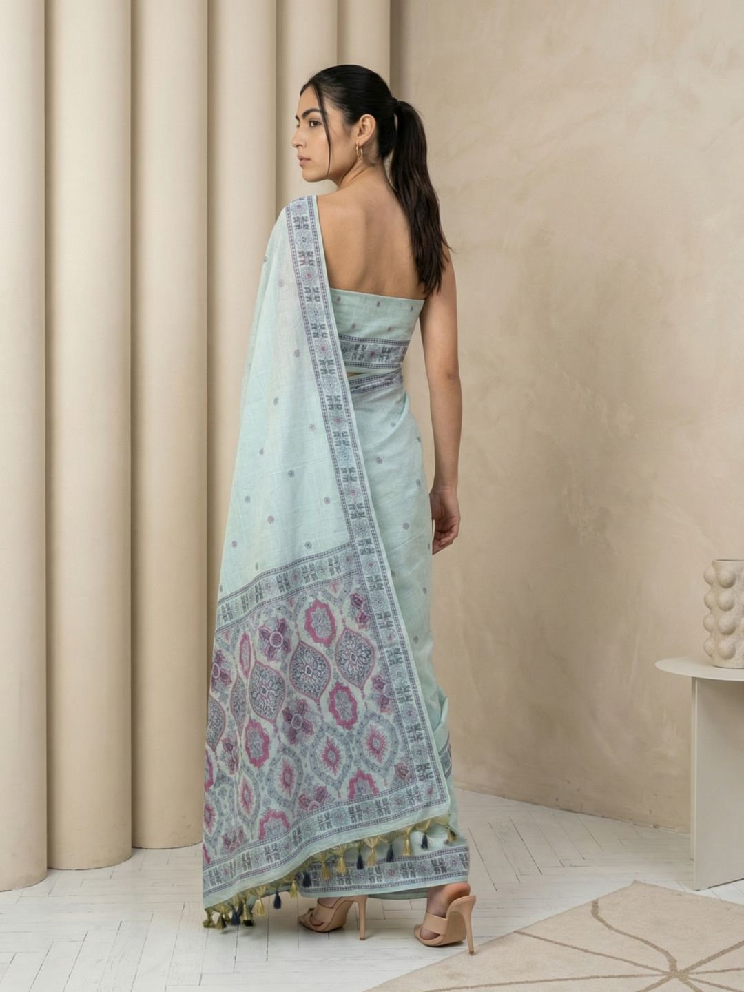 Sky Muga Cotton Saree with Resham Weaving  Meenakari Buttis, Pencil Art Pallu – Soft Summer Saree with Blouse Piece