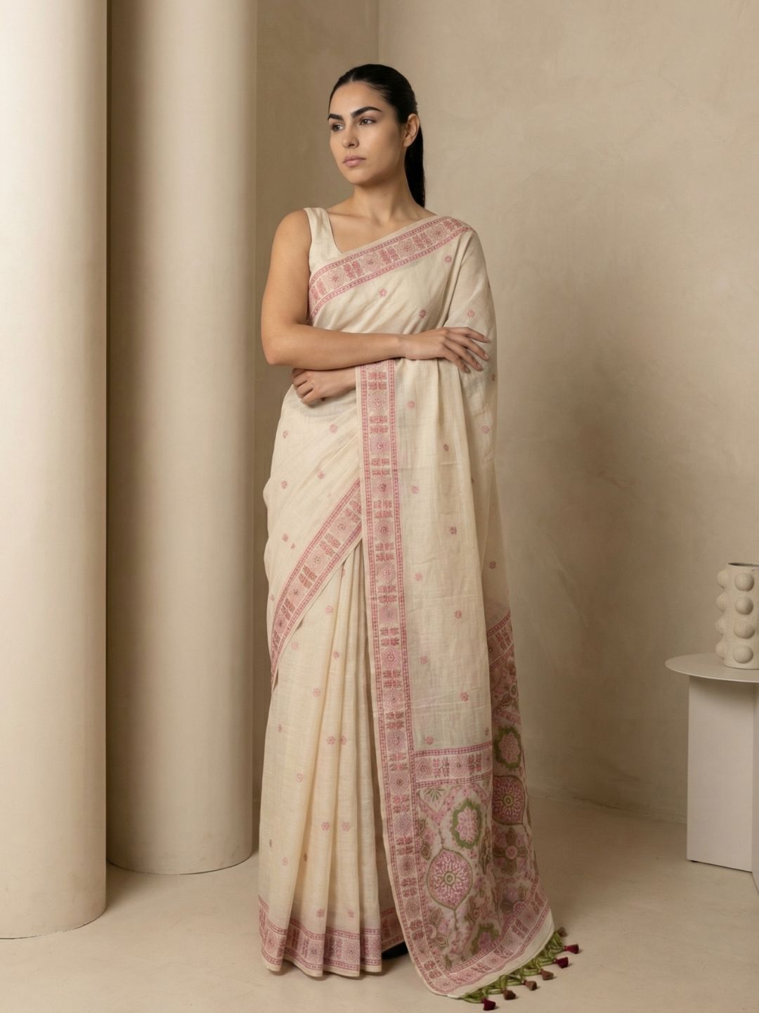 White Muga Cotton Saree with Resham Weaving  Meenakari Buttis, Pencil Art Pallu – Soft Summer Saree with Blouse Piece