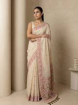 White Muga Cotton Saree with Resham Weaving  Meenakari Buttis, Pencil Art Pallu – Soft Summer Saree with Blouse Piece
