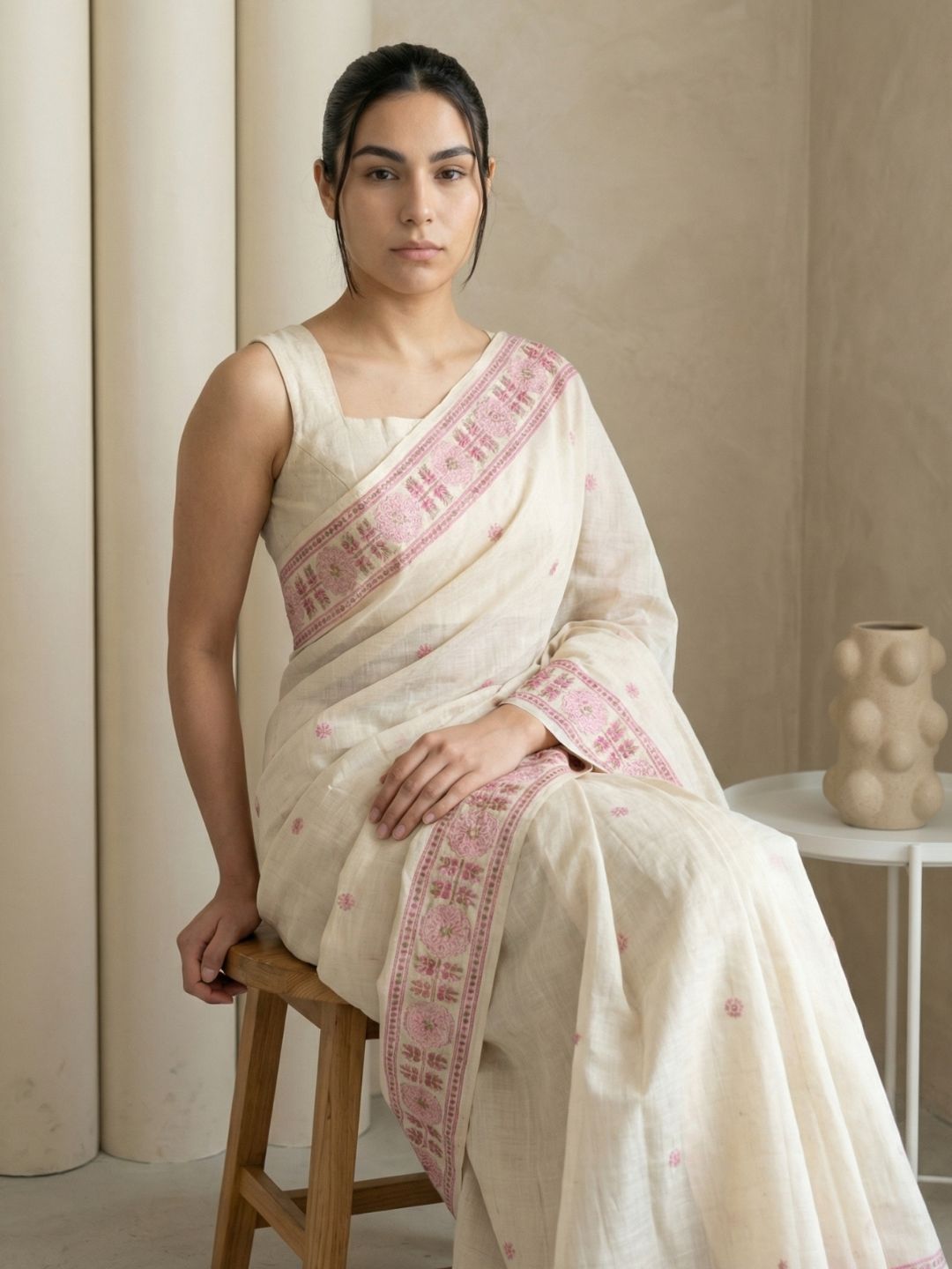 White Muga Cotton Saree with Resham Weaving  Meenakari Buttis, Pencil Art Pallu – Soft Summer Saree with Blouse Piece