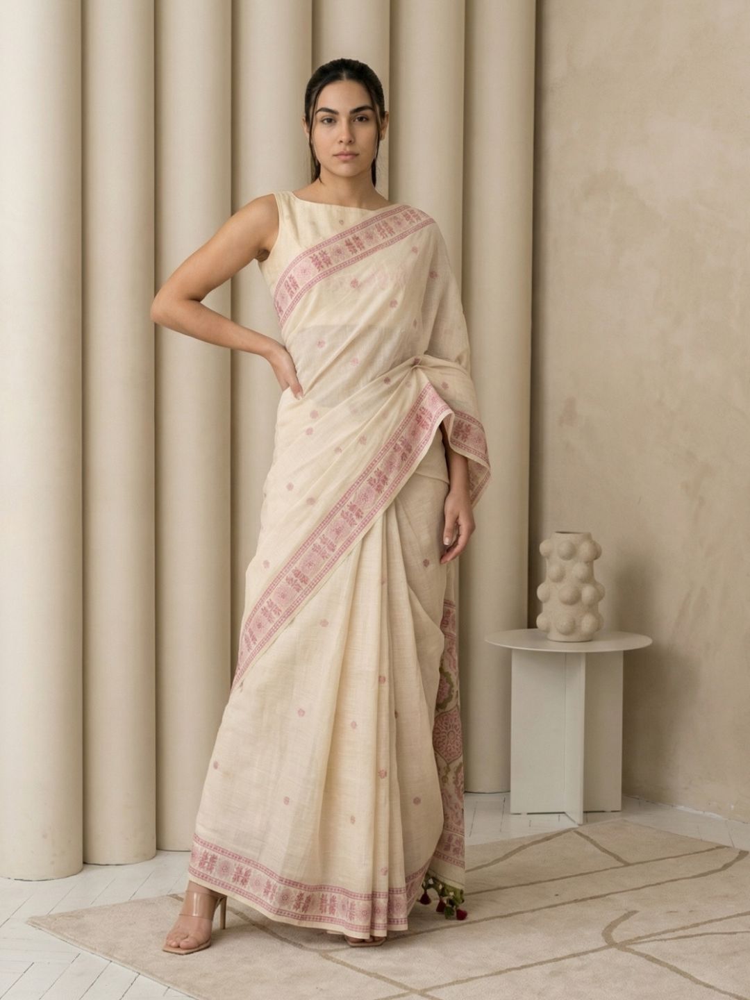 White Muga Cotton Saree with Resham Weaving  Meenakari Buttis, Pencil Art Pallu – Soft Summer Saree with Blouse Piece