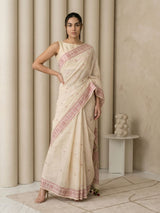 White Muga Cotton Saree with Resham Weaving  Meenakari Buttis, Pencil Art Pallu – Soft Summer Saree with Blouse Piece