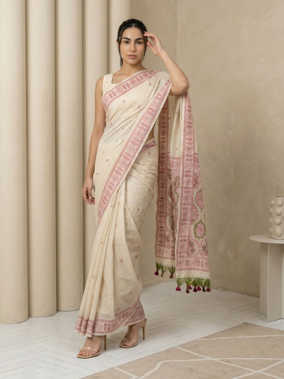 White Muga Cotton Saree with Resham Weaving  Meenakari Buttis, Pencil Art Pallu – Soft Summer Saree with Blouse Piece