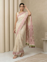 White Muga Cotton Saree with Resham Weaving  Meenakari Buttis, Pencil Art Pallu – Soft Summer Saree with Blouse Piece