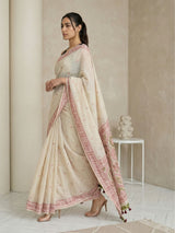 White Muga Cotton Saree with Resham Weaving  Meenakari Buttis, Pencil Art Pallu – Soft Summer Saree with Blouse Piece