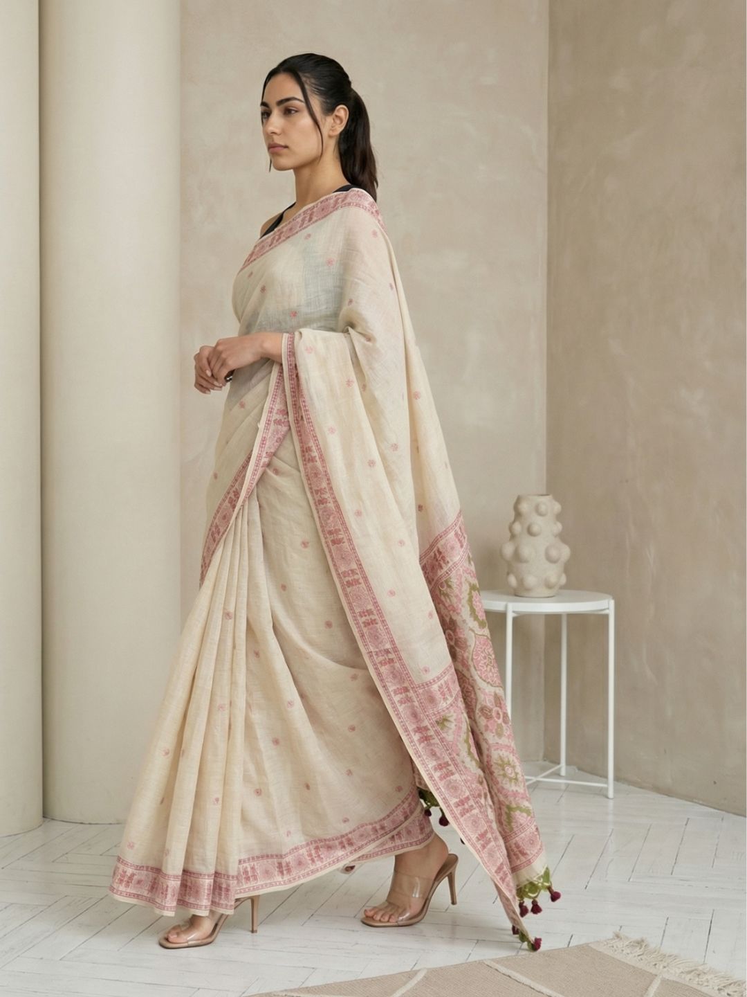 White Muga Cotton Saree with Resham Weaving  Meenakari Buttis, Pencil Art Pallu – Soft Summer Saree with Blouse Piece