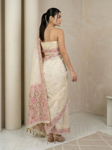 White Muga Cotton Saree with Resham Weaving  Meenakari Buttis, Pencil Art Pallu – Soft Summer Saree with Blouse Piece