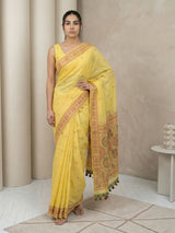 Yellow Muga Cotton Saree with Resham Weaving  Meenakari Buttis, Pencil Art Pallu – Soft Summer Saree with Blouse Piece