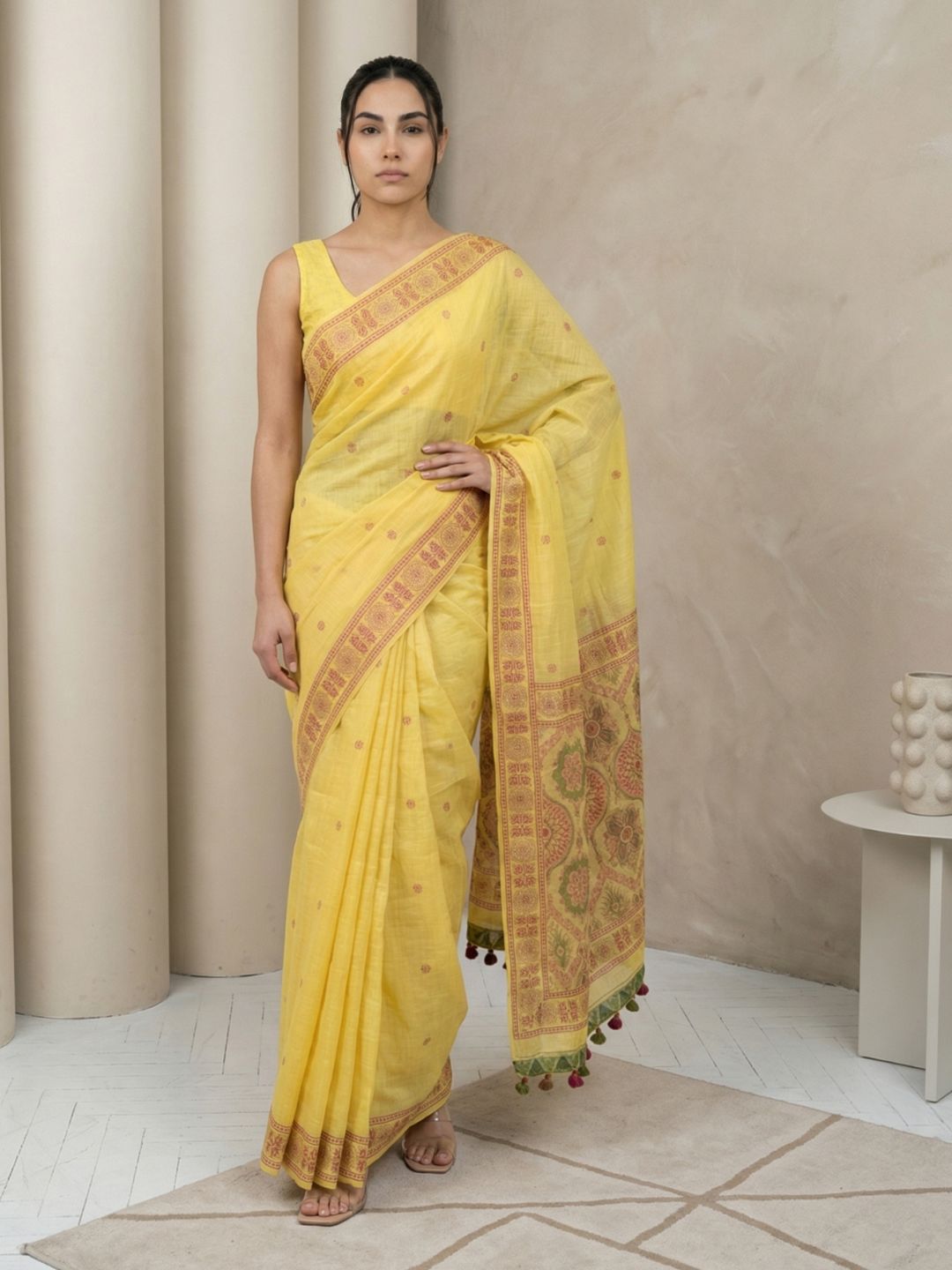 Yellow Muga Cotton Saree with Resham Weaving  Meenakari Buttis, Pencil Art Pallu – Soft Summer Saree with Blouse Piece