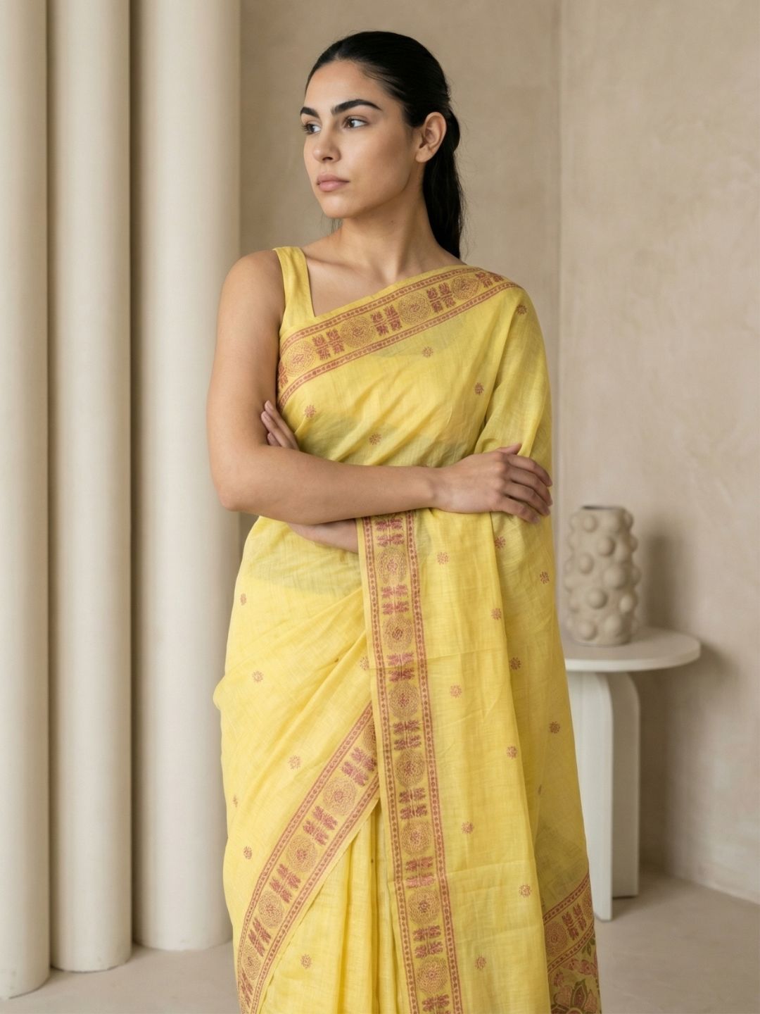 Yellow Muga Cotton Saree with Resham Weaving  Meenakari Buttis, Pencil Art Pallu – Soft Summer Saree with Blouse Piece