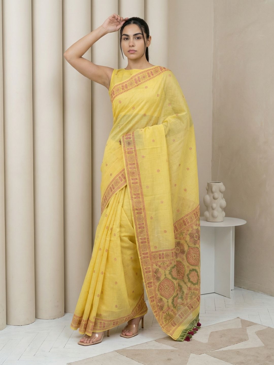Yellow Muga Cotton Saree with Resham Weaving  Meenakari Buttis, Pencil Art Pallu – Soft Summer Saree with Blouse Piece