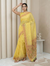 Yellow Muga Cotton Saree with Resham Weaving  Meenakari Buttis, Pencil Art Pallu – Soft Summer Saree with Blouse Piece