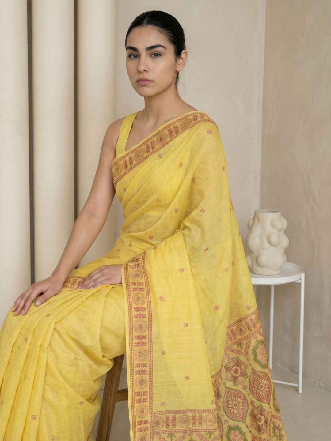 Yellow Muga Cotton Saree with Resham Weaving  Meenakari Buttis, Pencil Art Pallu – Soft Summer Saree with Blouse Piece