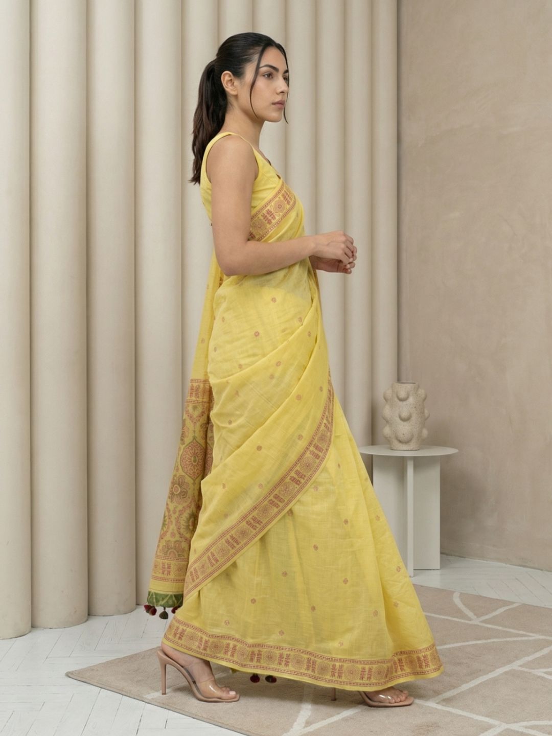 Yellow Muga Cotton Saree with Resham Weaving  Meenakari Buttis, Pencil Art Pallu – Soft Summer Saree with Blouse Piece