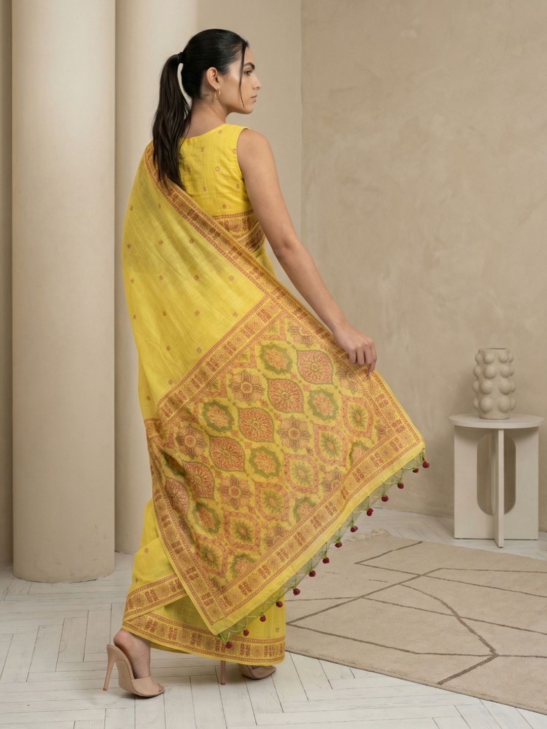 Yellow Muga Cotton Saree with Resham Weaving  Meenakari Buttis, Pencil Art Pallu – Soft Summer Saree with Blouse Piece