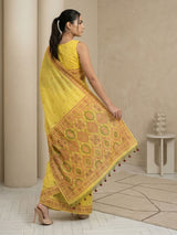 Yellow Muga Cotton Saree with Resham Weaving  Meenakari Buttis, Pencil Art Pallu – Soft Summer Saree with Blouse Piece