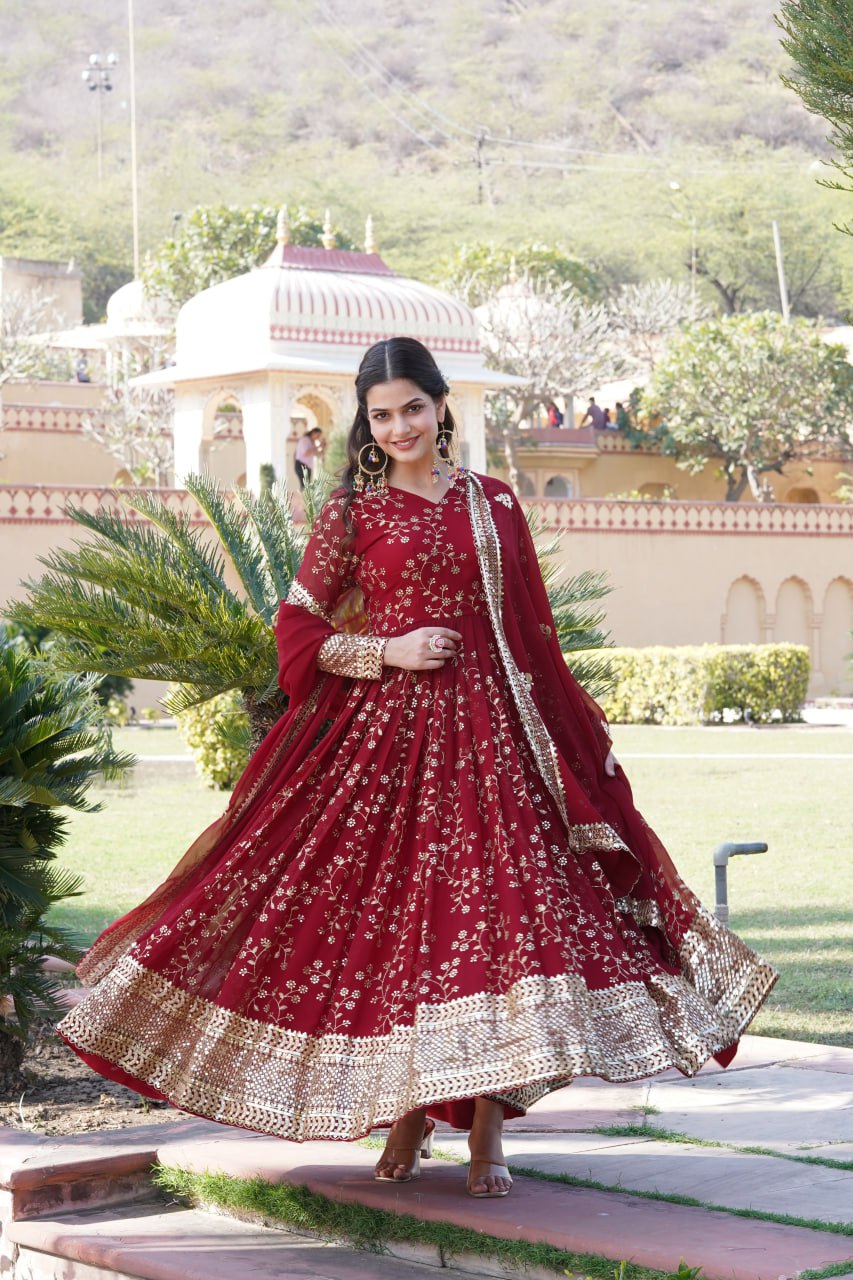 Embroidered Faux Blooming Georgette Flared Maroon Gown with Dupatta