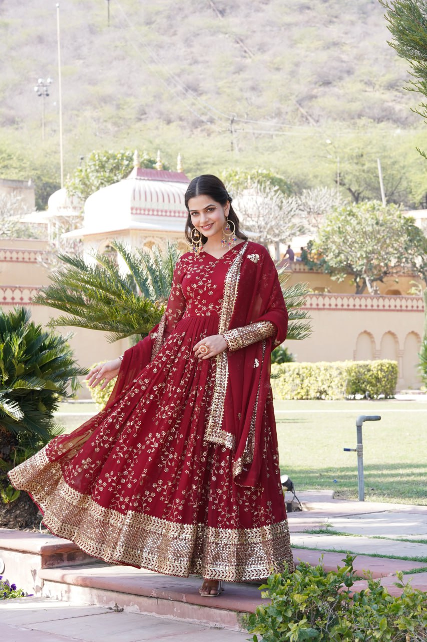 Embroidered Faux Blooming Georgette Flared Maroon Gown with Dupatta