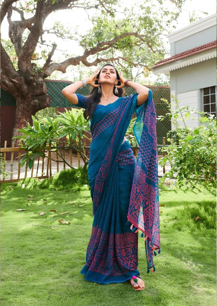 Blue and Purple Linen Printed Saree