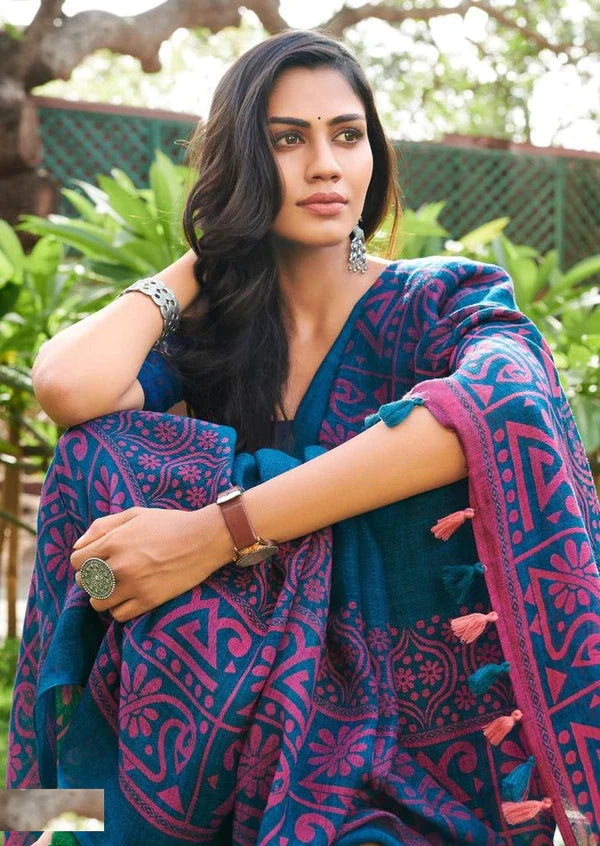 Blue and Purple Linen Printed Saree