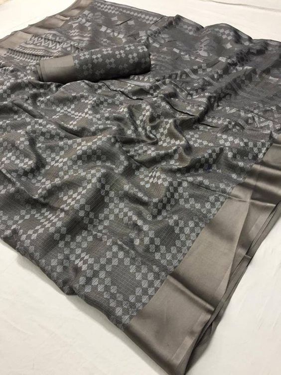 Grey Printed Saree in Linen Fabric