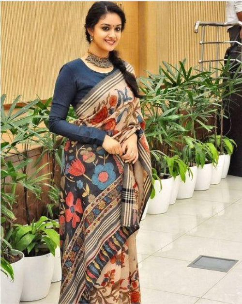 Peach Linen Flower Printed Saree with Dark Grey Blouse