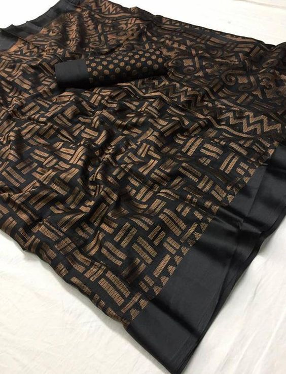 Copper and Black printed Linen Saree