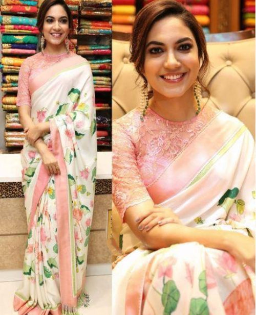 White Flower Printed Saree in Linen Fabric