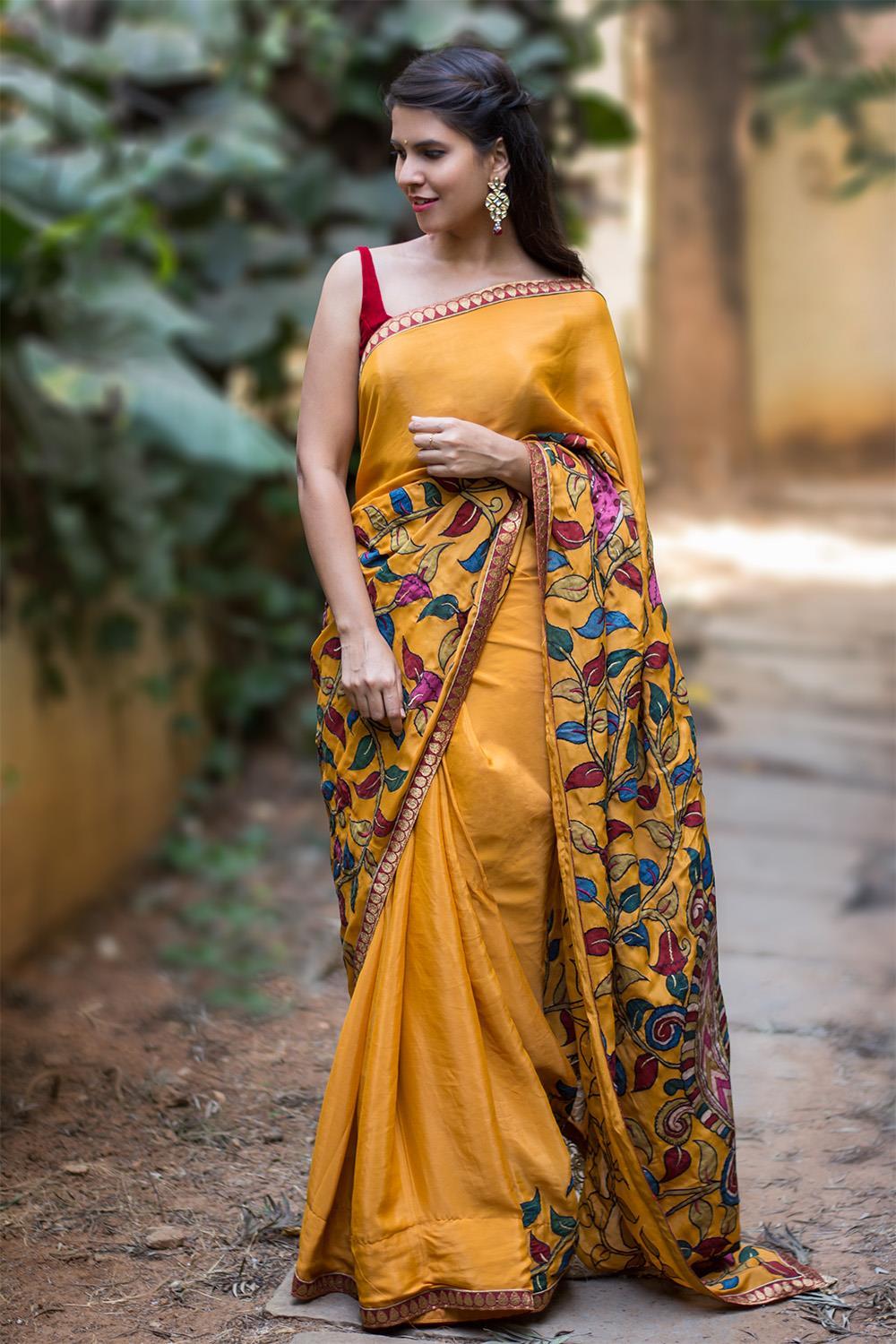 Yellow Linen printed Saree with Marron Blouse