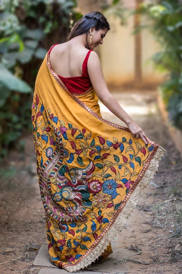 Yellow Linen printed Saree with Marron Blouse