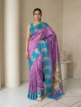 Lavender Soft Silk Paithani Saree Meenakari Peacock Motifs Zari Woven Swan Pallu Saree With Brocade Blouse