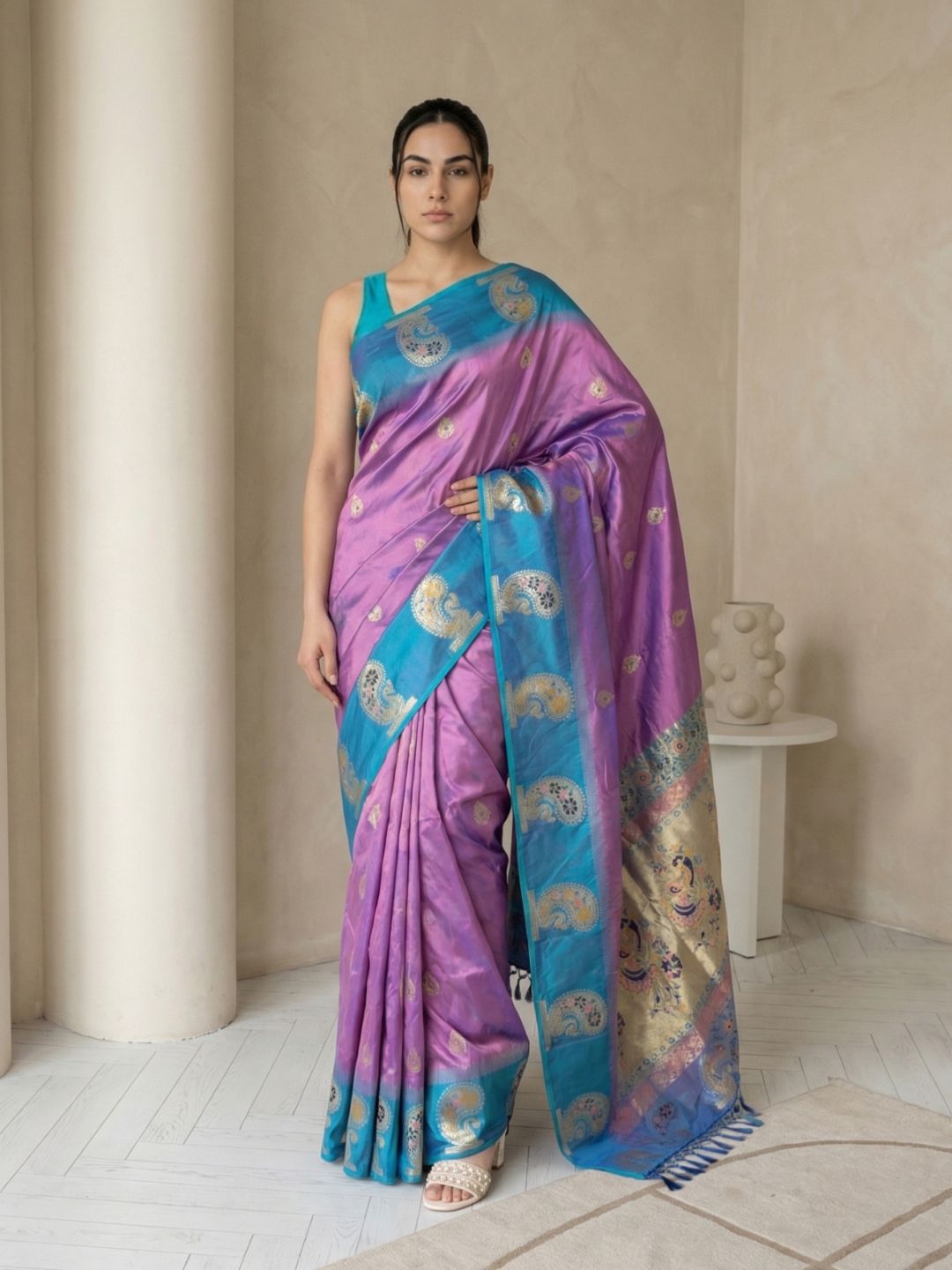 Lavender Soft Silk Paithani Saree Meenakari Peacock Motifs Zari Woven Swan Pallu Saree With Brocade Blouse