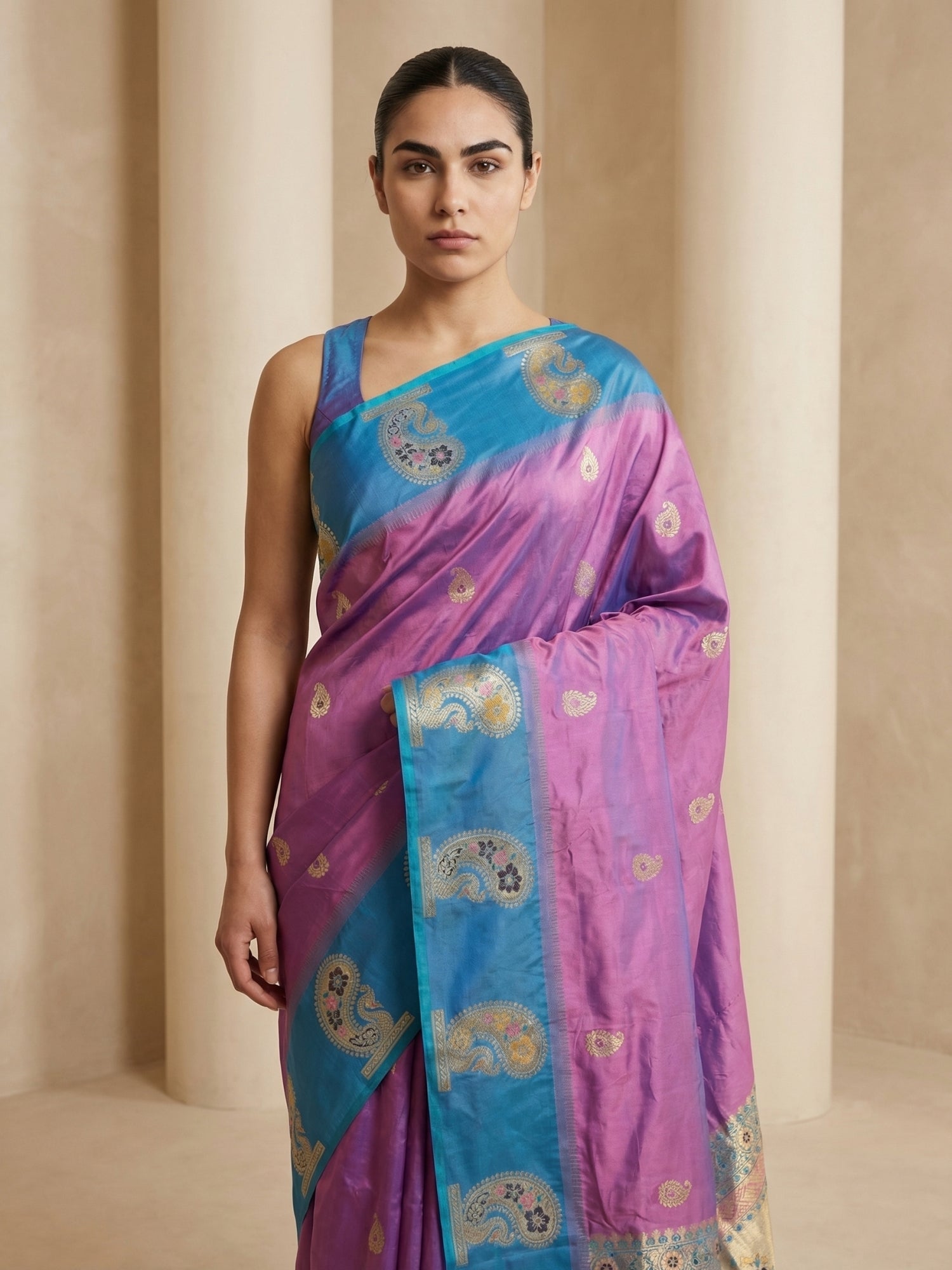 Lavender Soft Silk Paithani Saree Meenakari Peacock Motifs Zari Woven Swan Pallu Saree With Brocade Blouse