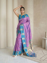 Lavender Soft Silk Paithani Saree Meenakari Peacock Motifs Zari Woven Swan Pallu Saree With Brocade Blouse