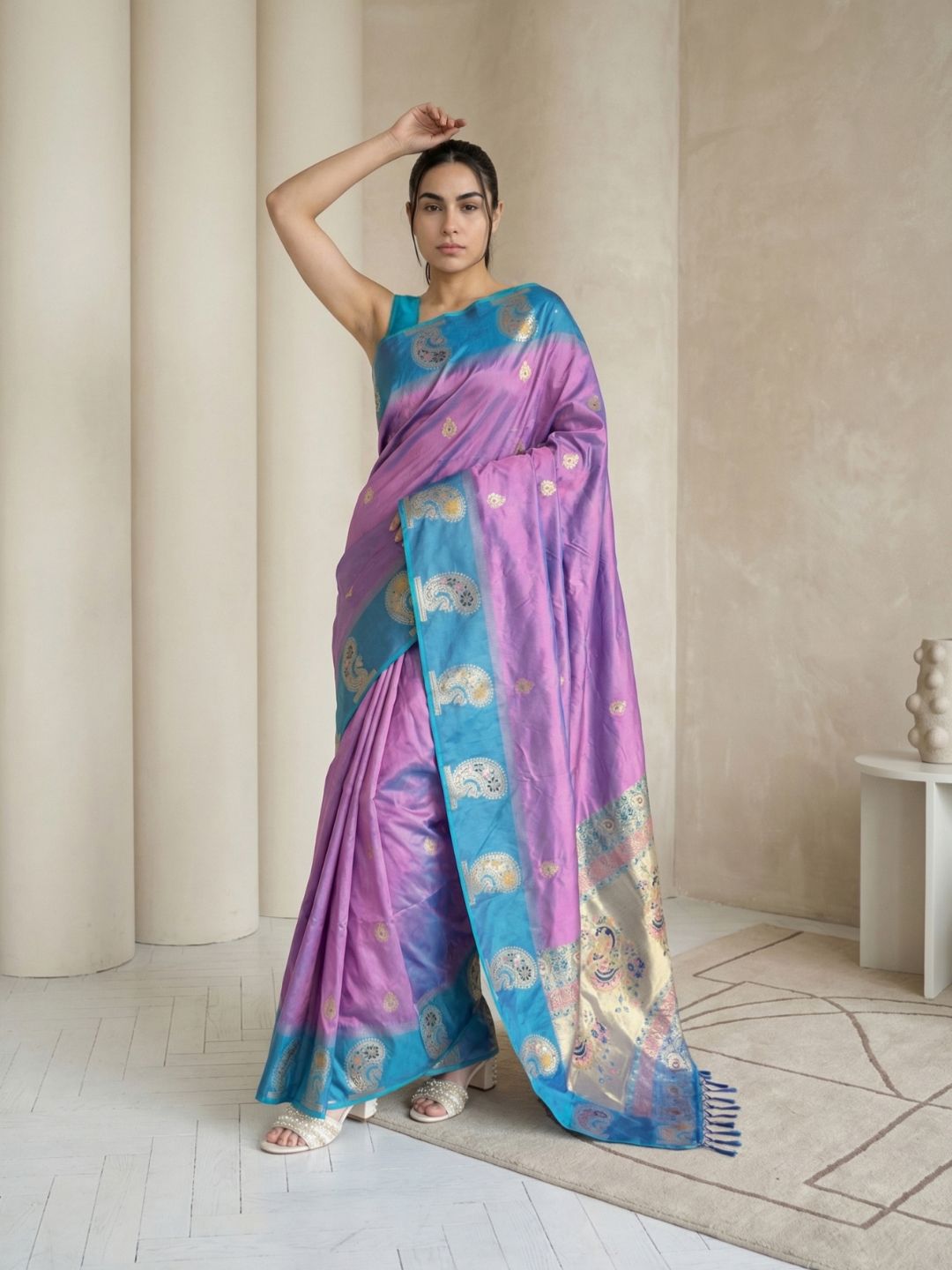 Lavender Soft Silk Paithani Saree Meenakari Peacock Motifs Zari Woven Swan Pallu Saree With Brocade Blouse
