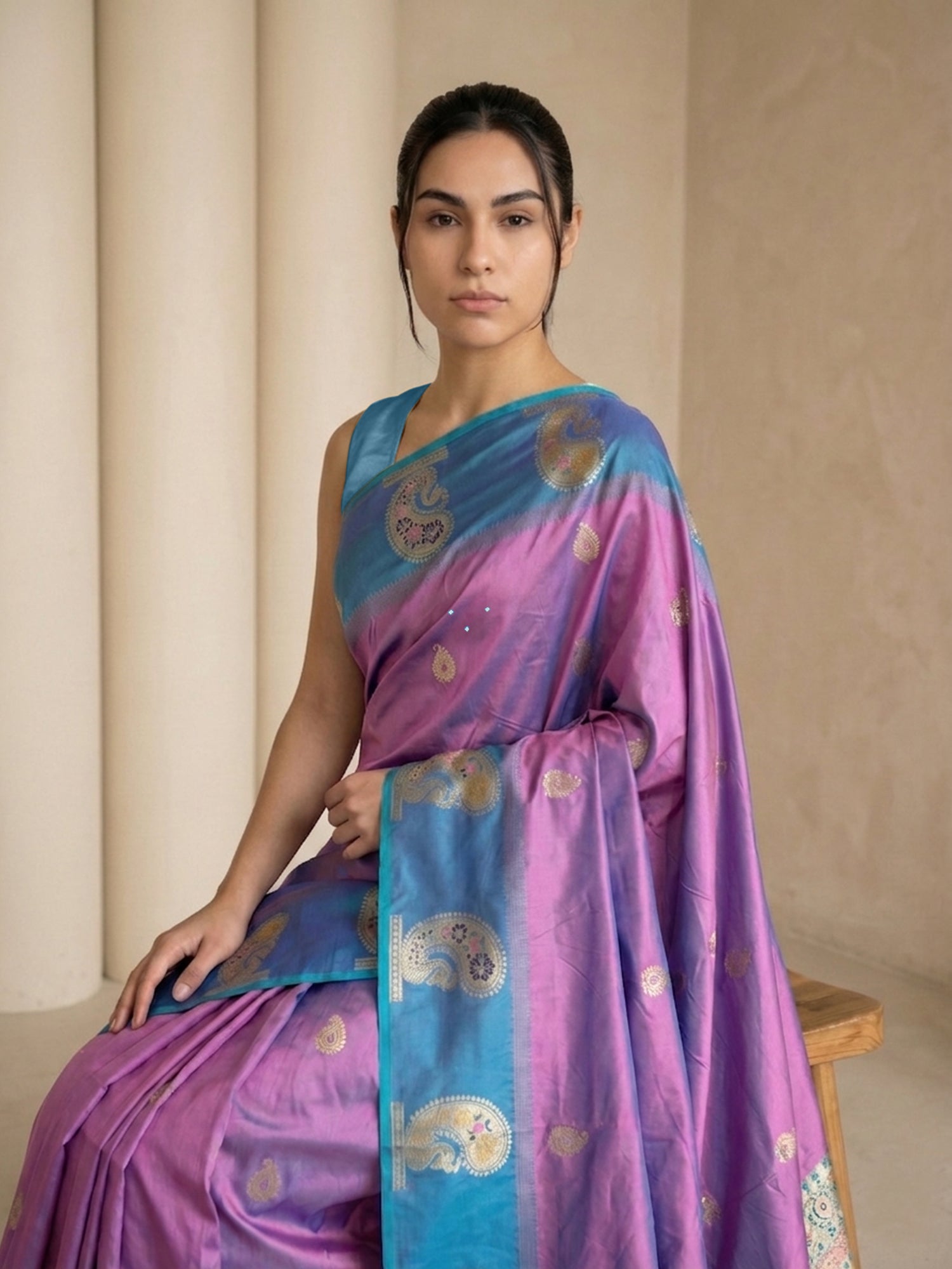 Lavender Soft Silk Paithani Saree Meenakari Peacock Motifs Zari Woven Swan Pallu Saree With Brocade Blouse